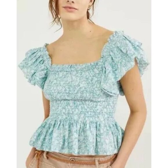 Anthropologie Love The Label Cottage Core Smocked Flutter Sleeve Ruffle Peplum T - Picture 1 of 6